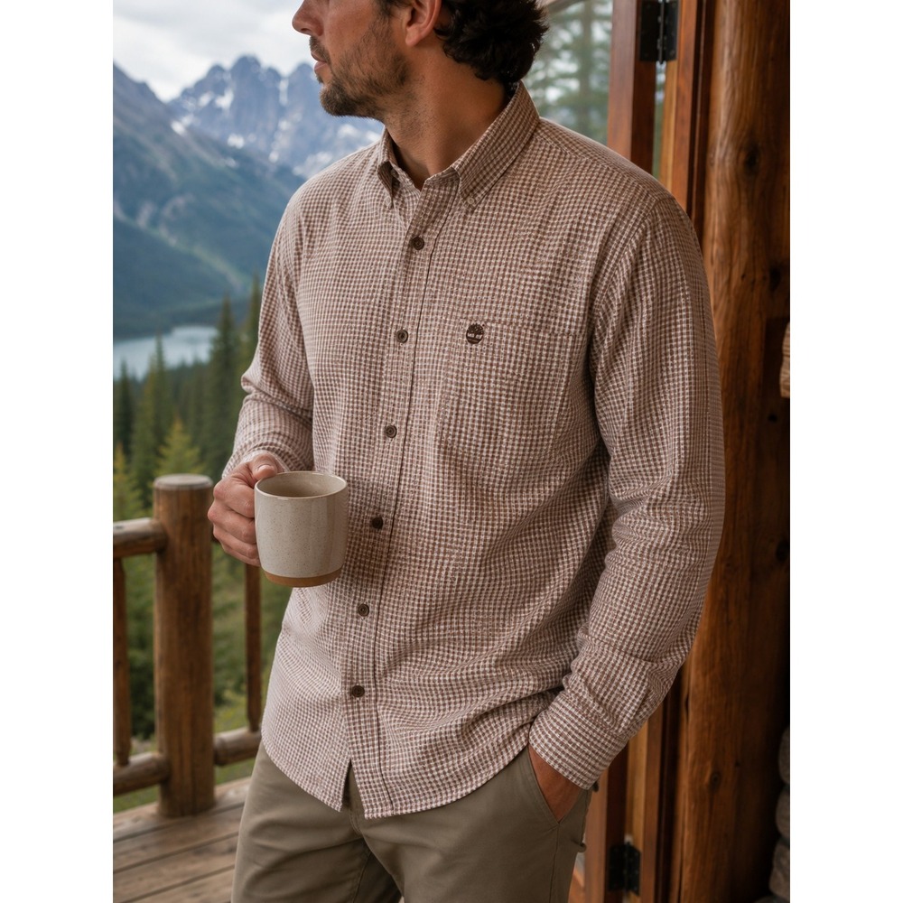 Vintage Timberland Men Brown White Check Cotton Button-Down Long Sleeve Shirt XL